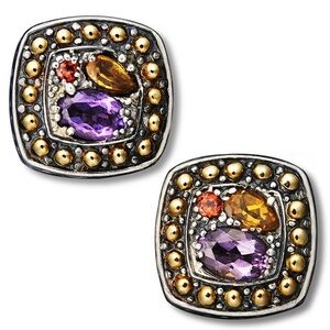 Effy BALISSIMA Multi Gemstone Sterling Silver & 18k Gold Square Stud Earrings